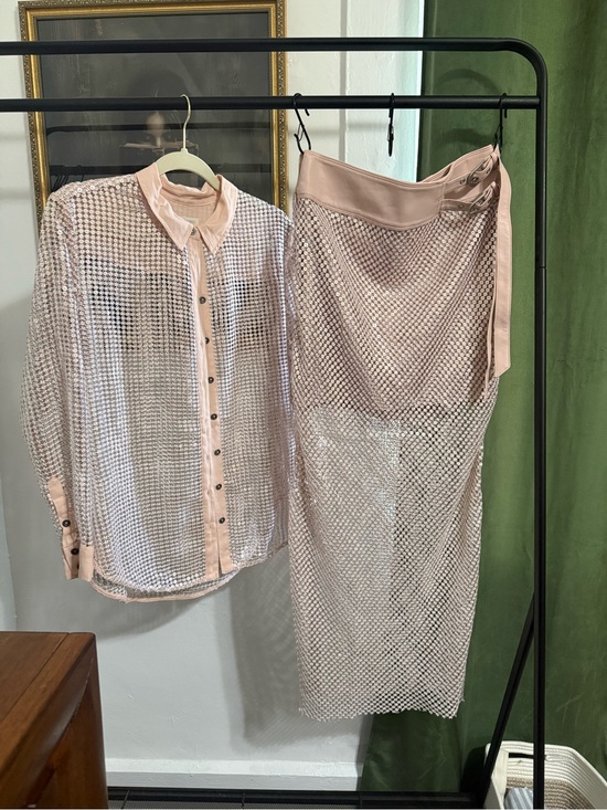 Pilcro Dresses & Skirts - Pilcro Pale Pink Mesh Midi Skirt with Waist Tie